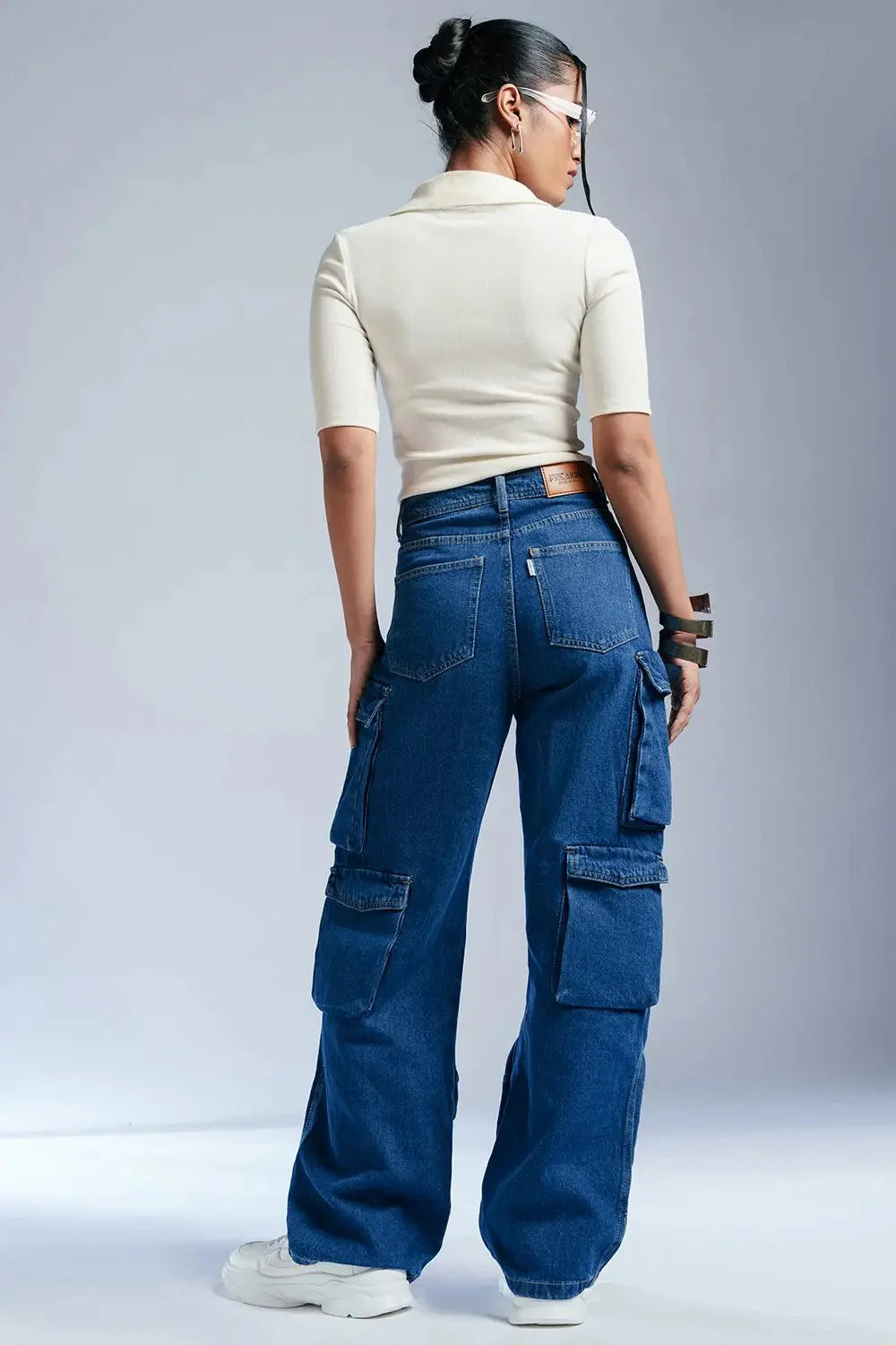Relaxed Fit Women’s Indigo Baggy Straight Cargo Denim Jeans