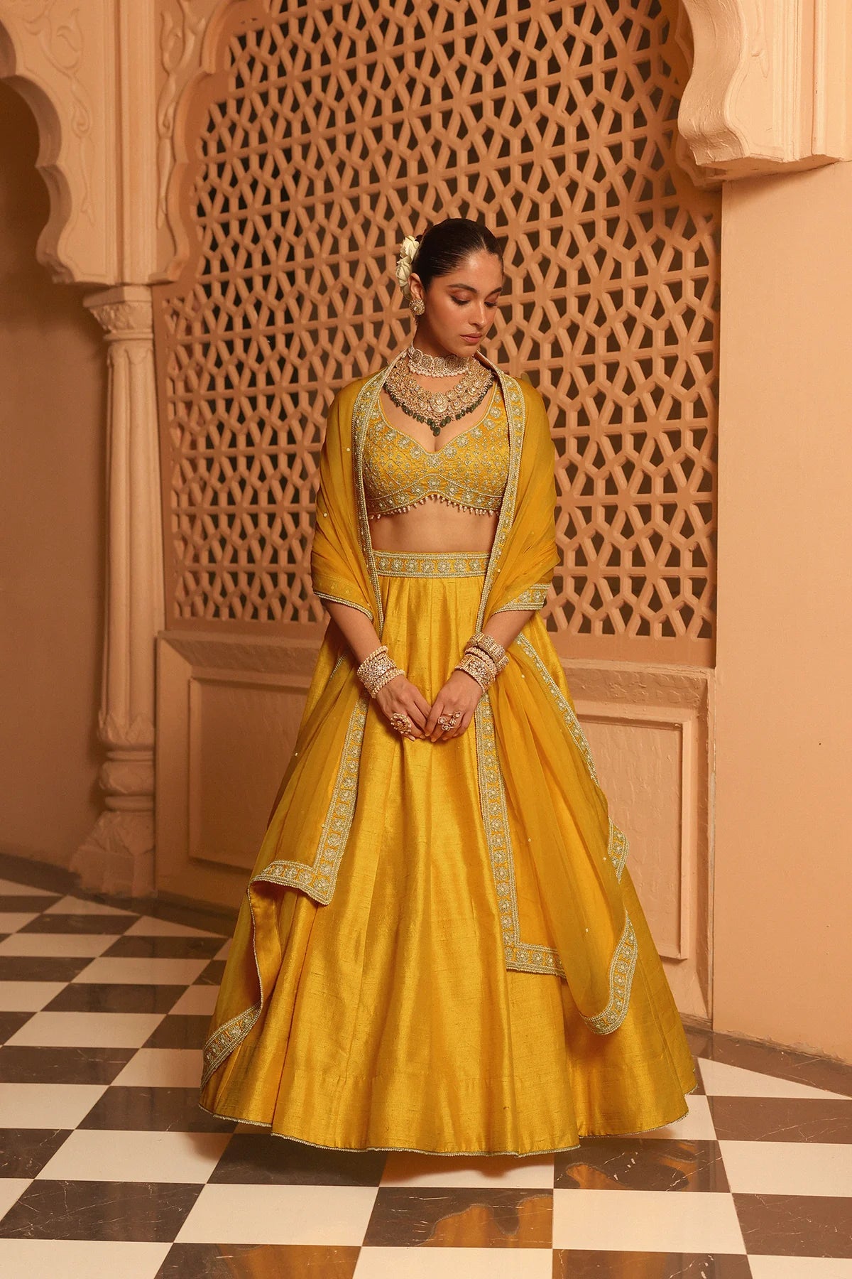 Mustard Velvet Lehenga Choli with Designer Blouse and Dupatta