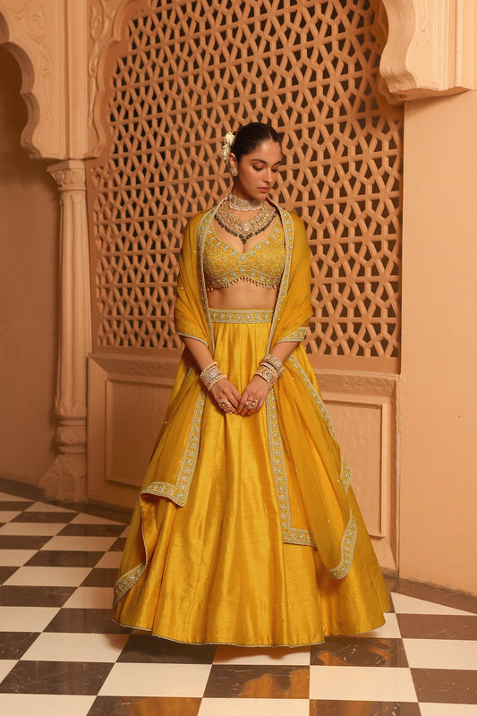 Mustard Velvet Lehenga Choli with Designer Blouse and Dupatta