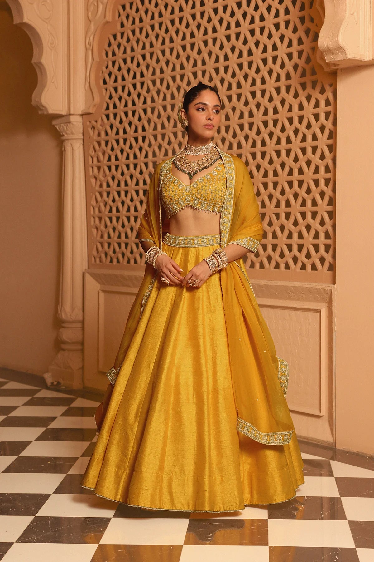 Mustard Velvet Lehenga Choli with Designer Blouse and Dupatta
