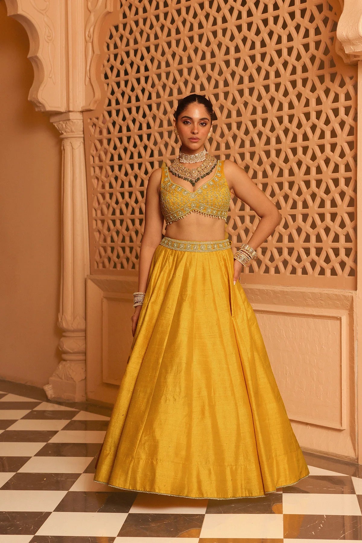 Mustard Velvet Lehenga Choli with Designer Blouse and Dupatta