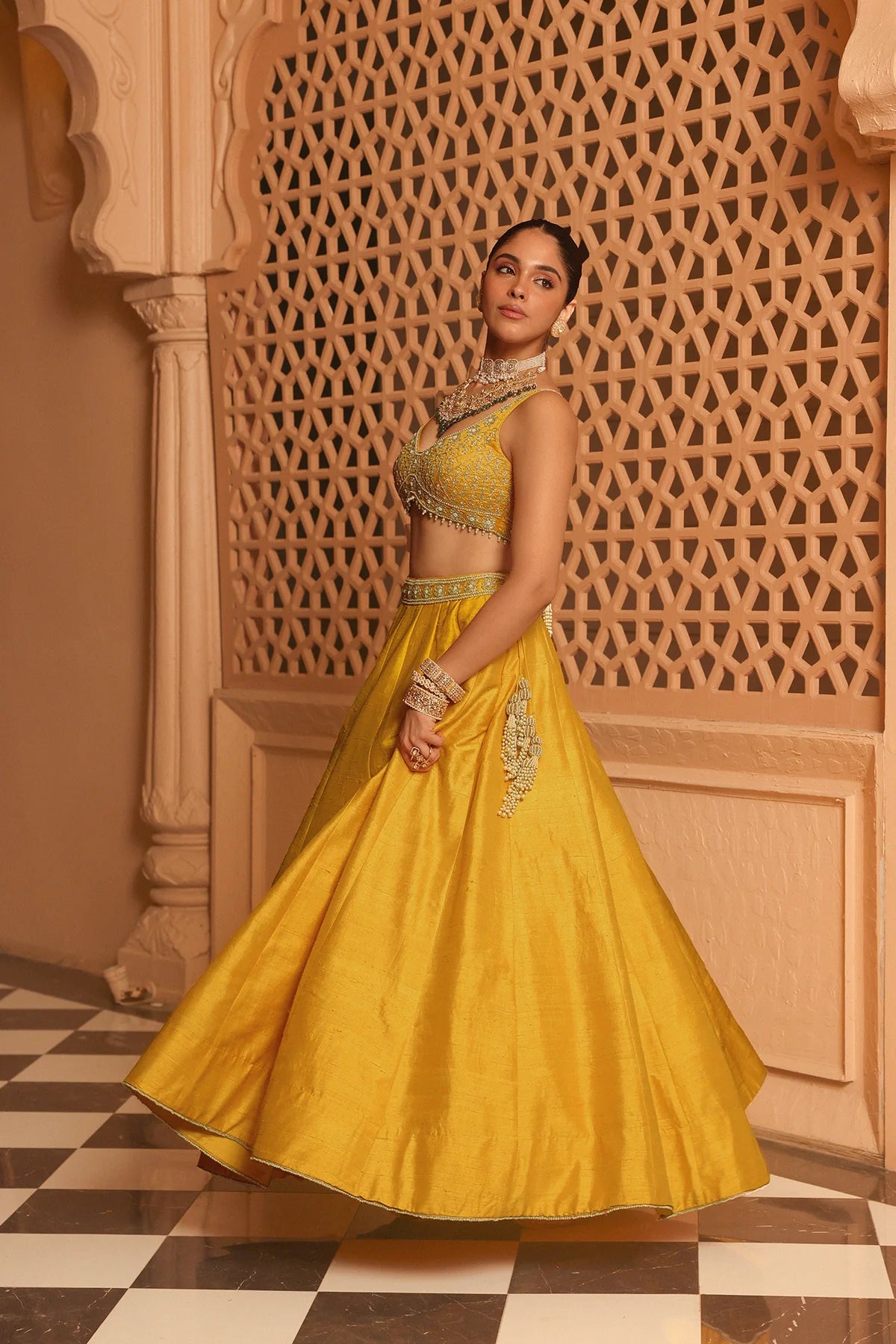 Mustard Velvet Lehenga Choli with Designer Blouse and Dupatta