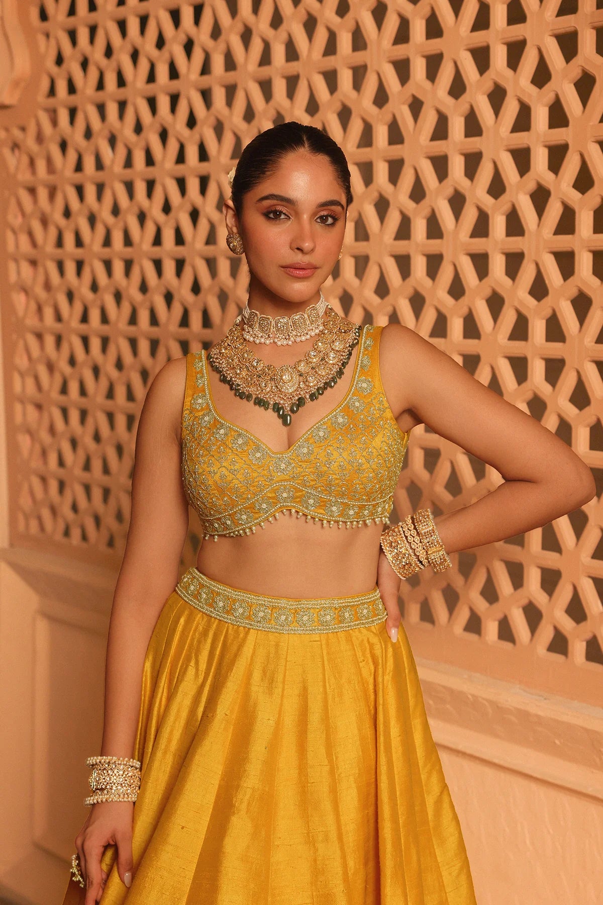 Mustard Velvet Lehenga Choli with Designer Blouse and Dupatta
