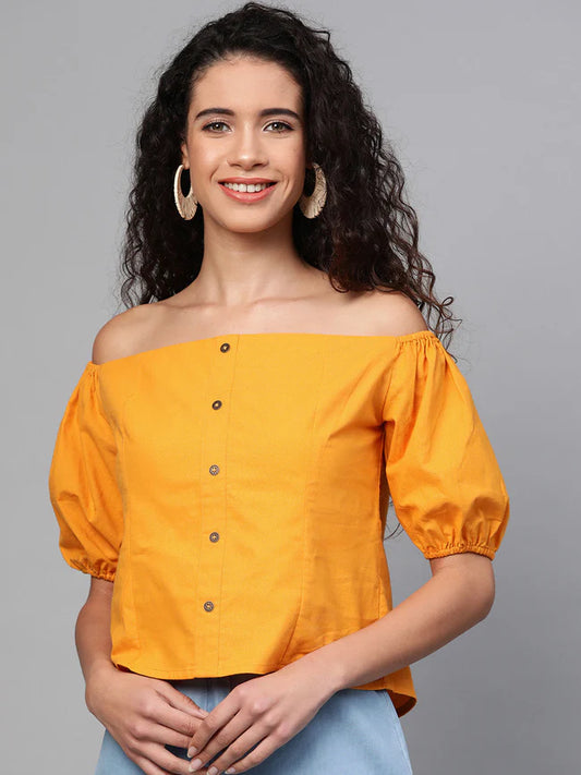Relaxed Fit Mustard Off Shoulder Top for Women’s Casual Wardrobe