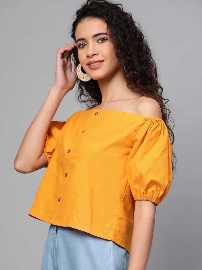 Relaxed Fit Mustard Off Shoulder Top for Women’s Casual Wardrobe