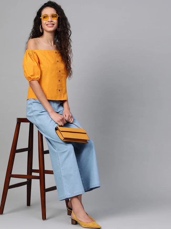 Relaxed Fit Mustard Off Shoulder Top for Women’s Casual Wardrobe