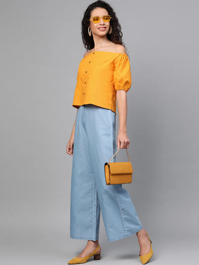Relaxed Fit Mustard Off Shoulder Top for Women’s Casual Wardrobe
