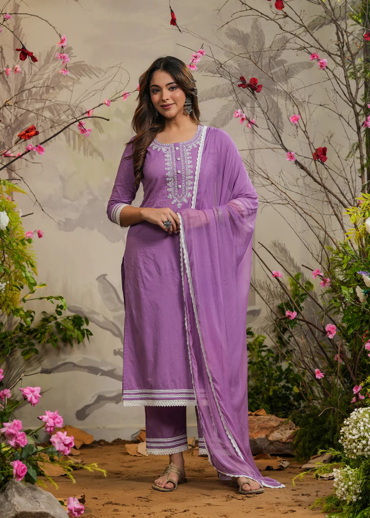 Festive Wear Ishana Lavender Straight Kurta Set with Pant and Dupatta