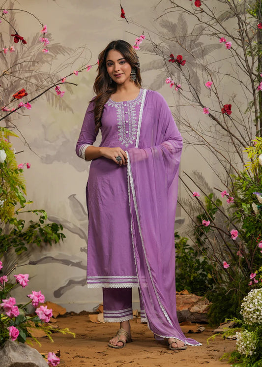 Festive Wear Ishana Lavender Straight Kurta Set with Pant and Dupatta