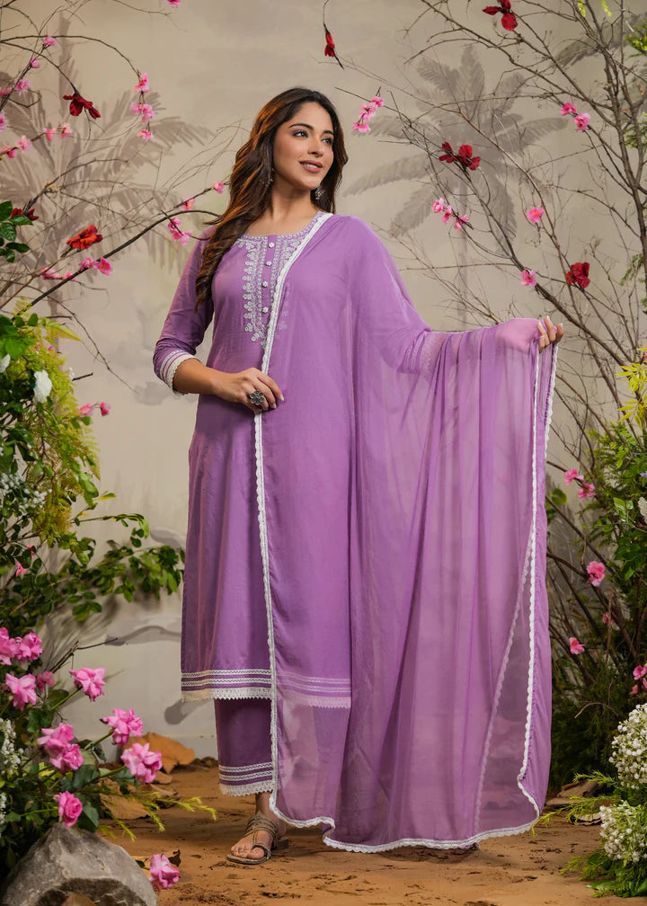 Festive Wear Ishana Lavender Straight Kurta Set with Pant and Dupatta
