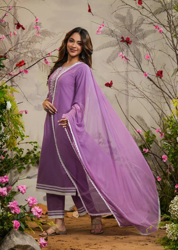 Festive Wear Ishana Lavender Straight Kurta Set with Pant and Dupatta