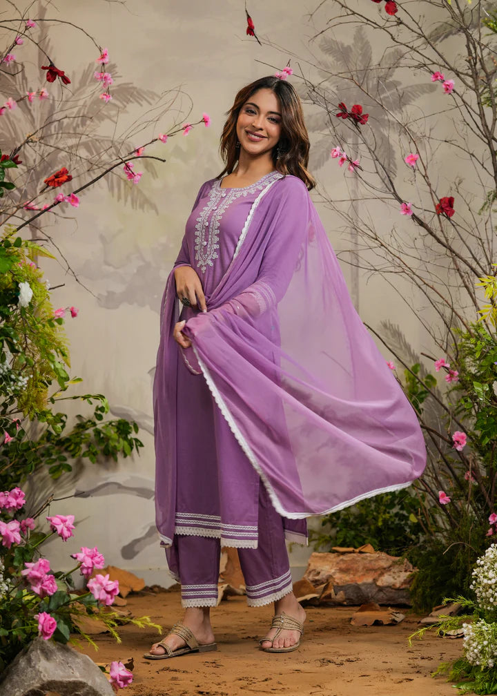 Festive Wear Ishana Lavender Straight Kurta Set with Pant and Dupatta