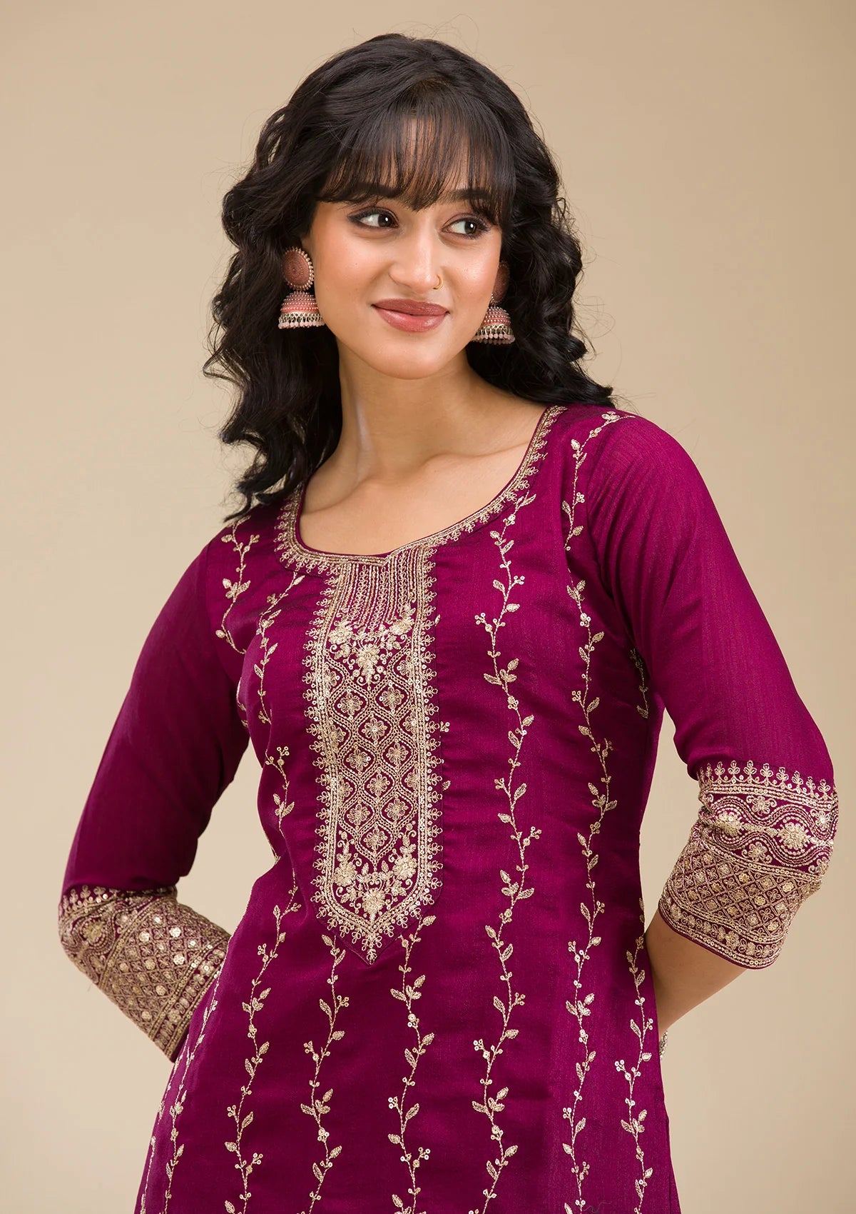 Wine Zariwork (Gold) Soft Raw Silk Readymade Salwar Suit