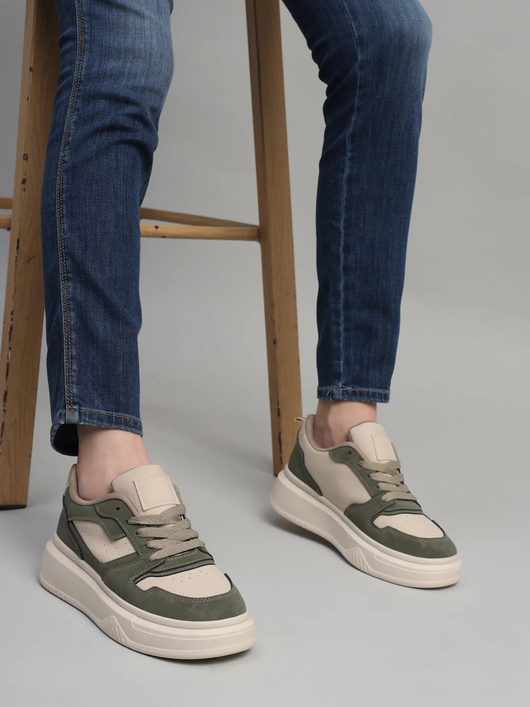 Green and Beige Suede Stylish Lace Up Sneakers for Women Comfortable Fashionable Footwear