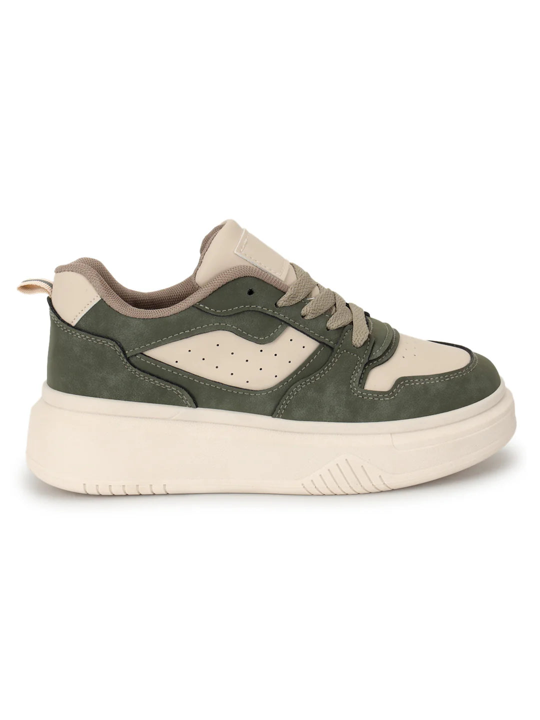 Green and Beige Suede Stylish Lace Up Sneakers for Women Comfortable Fashionable Footwear