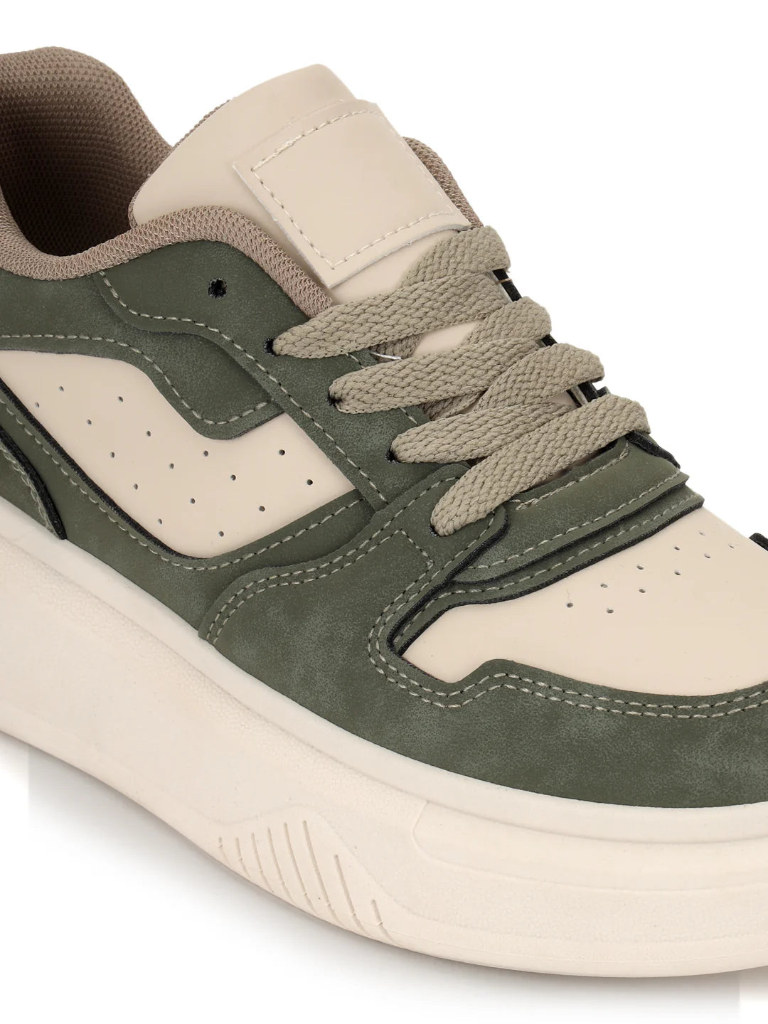 Green and Beige Suede Stylish Lace Up Sneakers for Women Comfortable Fashionable Footwear