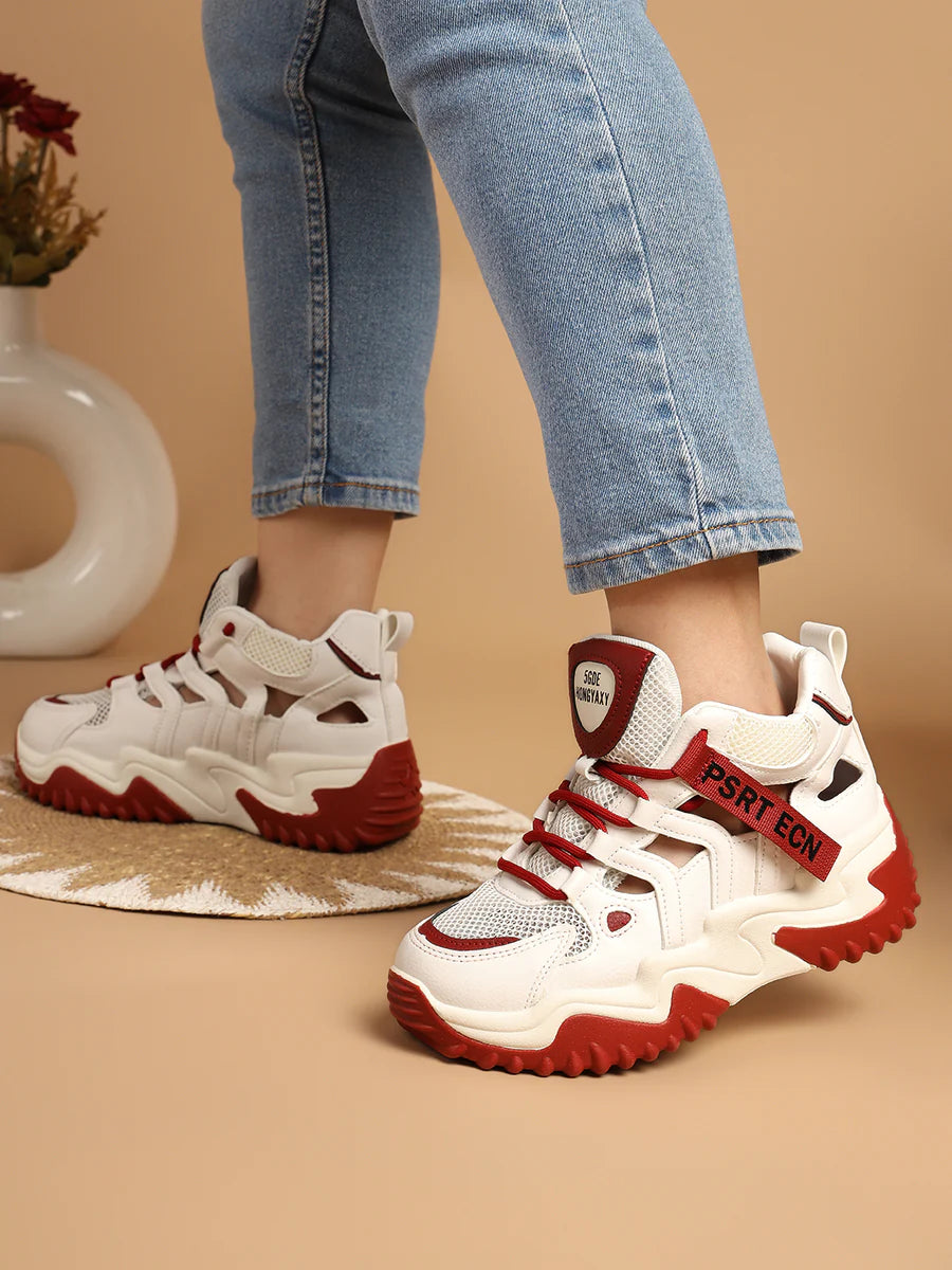 Comfortable White Red PU Lace Up Chunky Sneakers Perfect for Casual Outings and Work