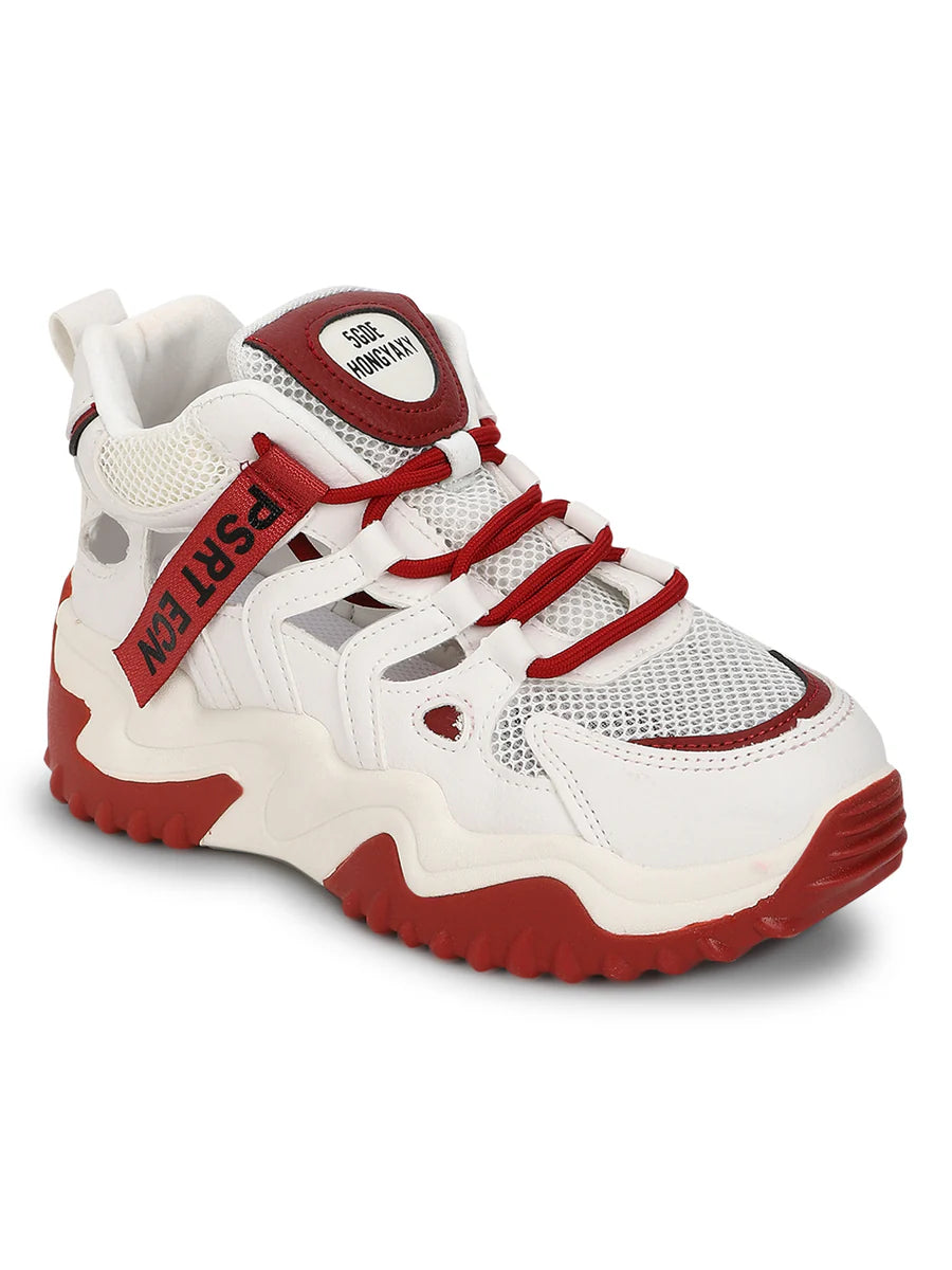 Comfortable White Red PU Lace Up Chunky Sneakers Perfect for Casual Outings and Work