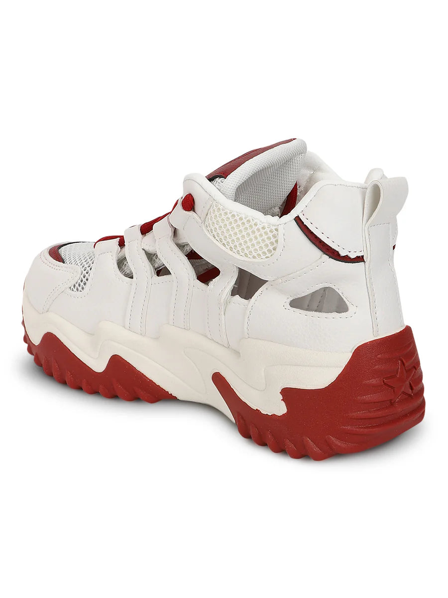 Comfortable White Red PU Lace Up Chunky Sneakers Perfect for Casual Outings and Work