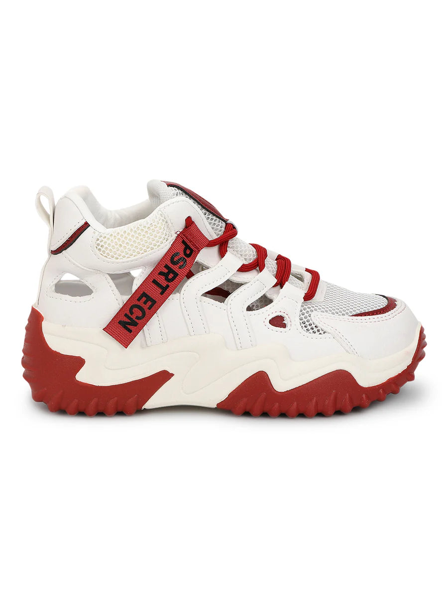 Comfortable White Red PU Lace Up Chunky Sneakers Perfect for Casual Outings and Work