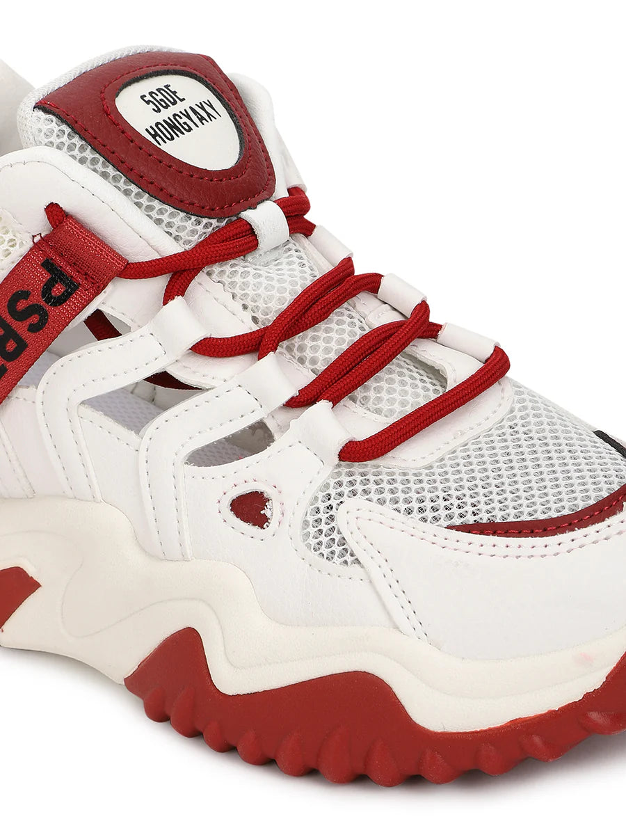 Comfortable White Red PU Lace Up Chunky Sneakers Perfect for Casual Outings and Work