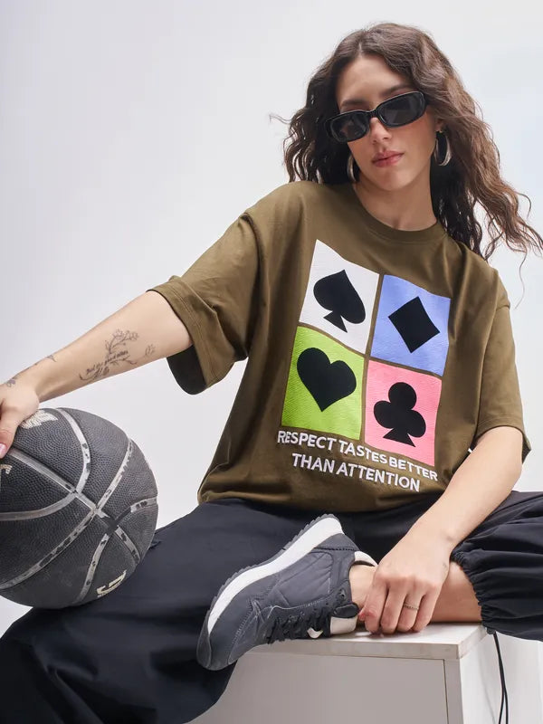 Women’s Brown Round Neck Oversized T Shirt with Printed Design Casual Look