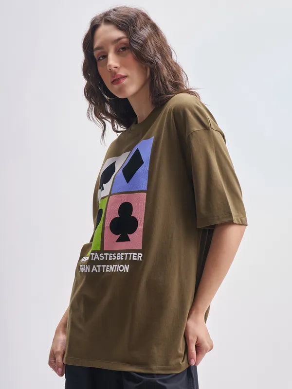 Women’s Brown Round Neck Oversized T Shirt with Printed Design Casual Look