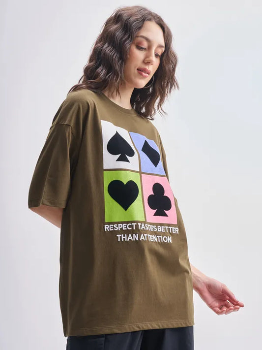Women’s Brown Round Neck Oversized T Shirt with Printed Design Casual Look
