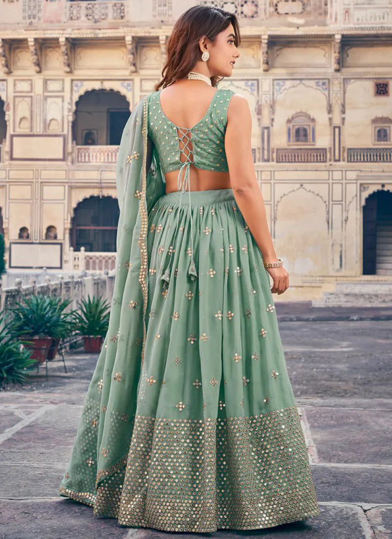 Wedding and Festive Wear Green Georgette Lehenga Choli with Designer Sequence Detailing