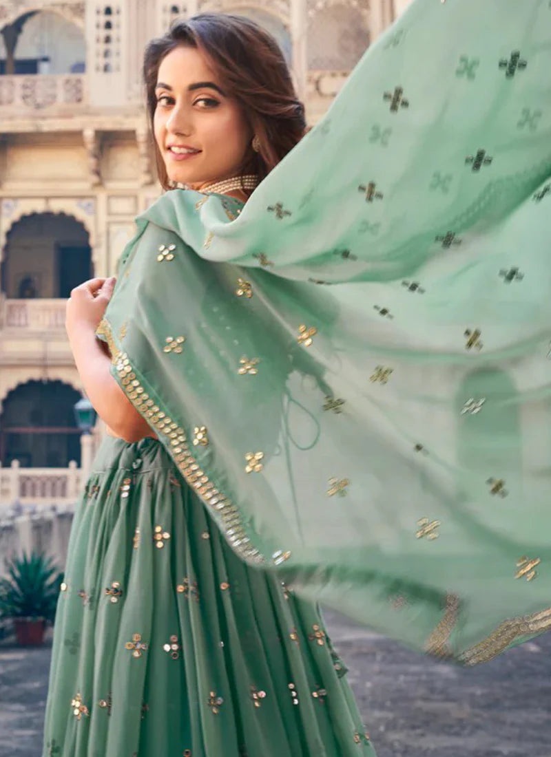 Wedding and Festive Wear Green Georgette Lehenga Choli with Designer Sequence Detailing