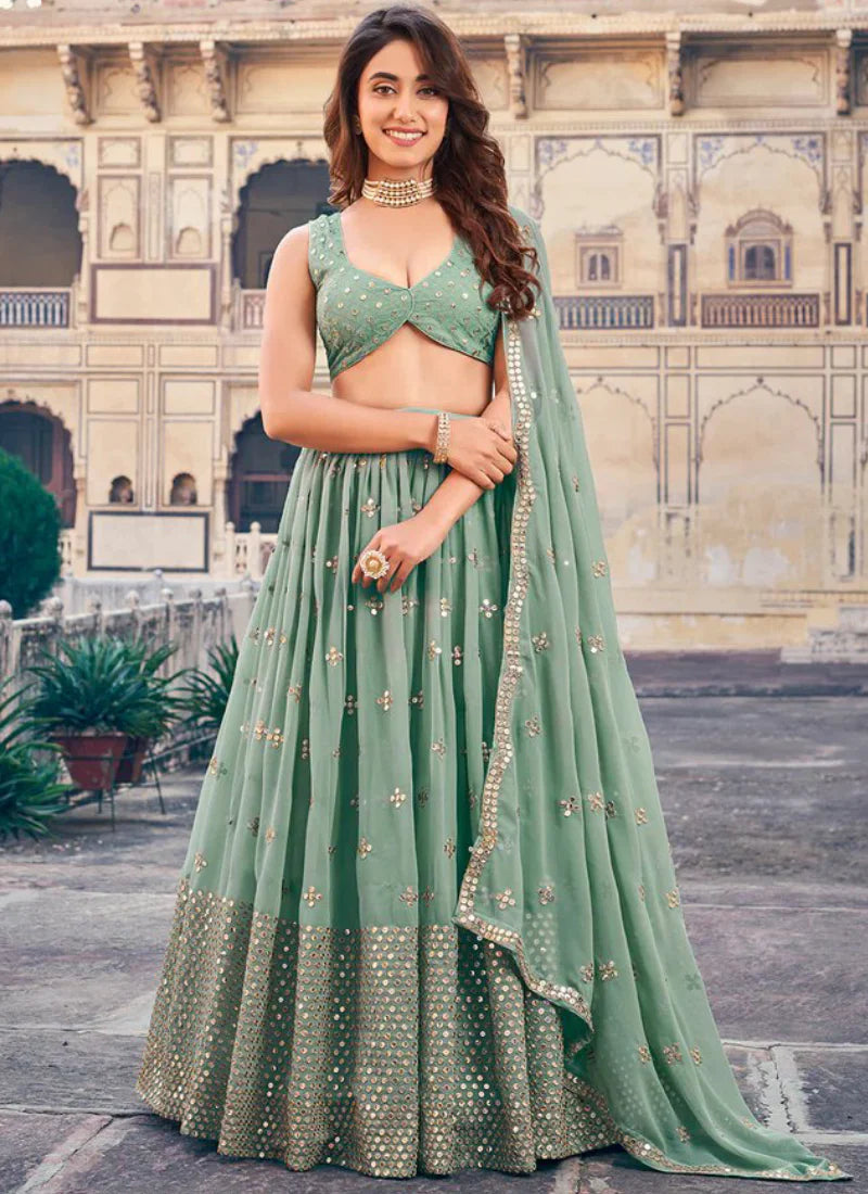 Wedding and Festive Wear Green Georgette Lehenga Choli with Designer Sequence Detailing