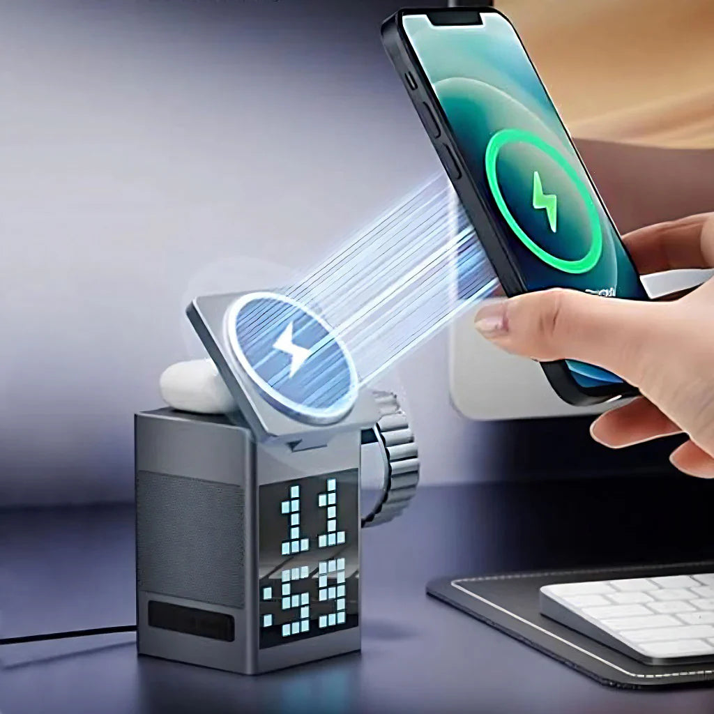 Smart Pixel Dock with Wireless Charger, Clock Function, and Speaker