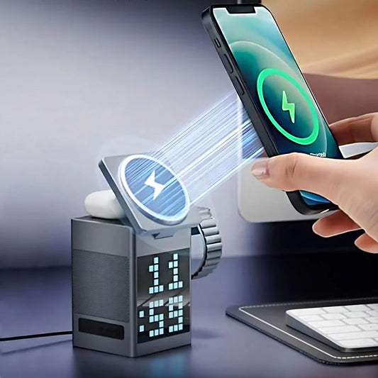 Smart Pixel Dock with Wireless Charger, Clock Function, and Speaker