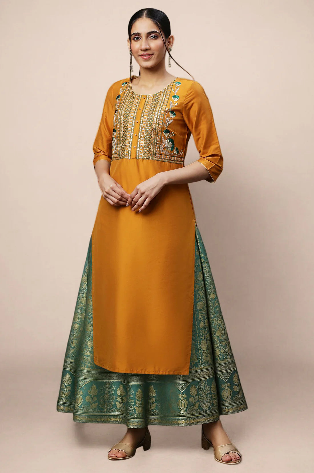Stylish Yellow Embroidered Viscose Blend Kurta and Flared Skirt Set Featuring Intricate Dori, Zari and Sequins Detailing for Traditional Occasions