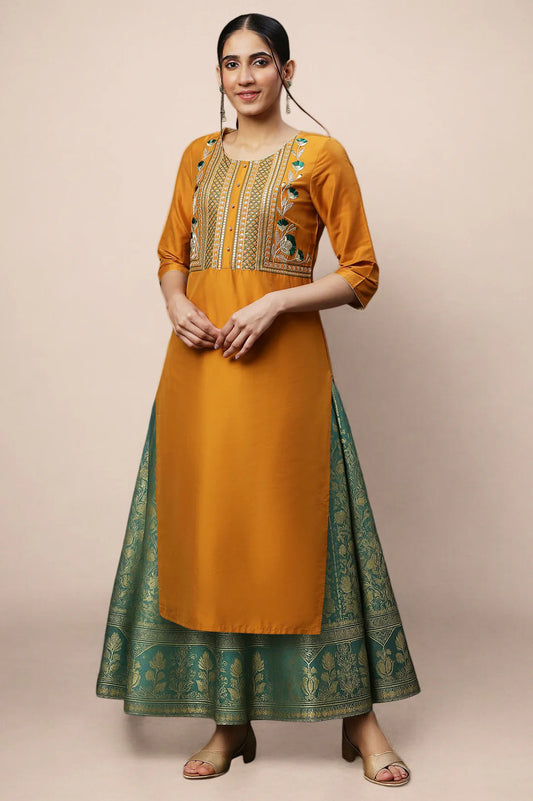 Stylish Yellow Embroidered Viscose Blend Kurta and Flared Skirt Set Featuring Intricate Dori, Zari and Sequins Detailing for Traditional Occasions