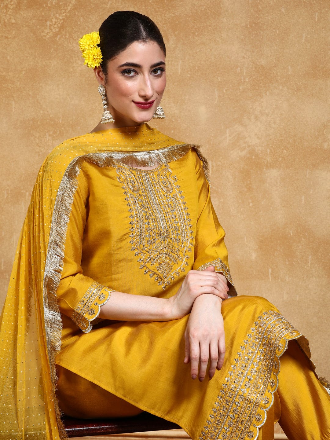 Luxury Embroidered Yoke Kurta with Trouser and Dupatta for Special Occasions