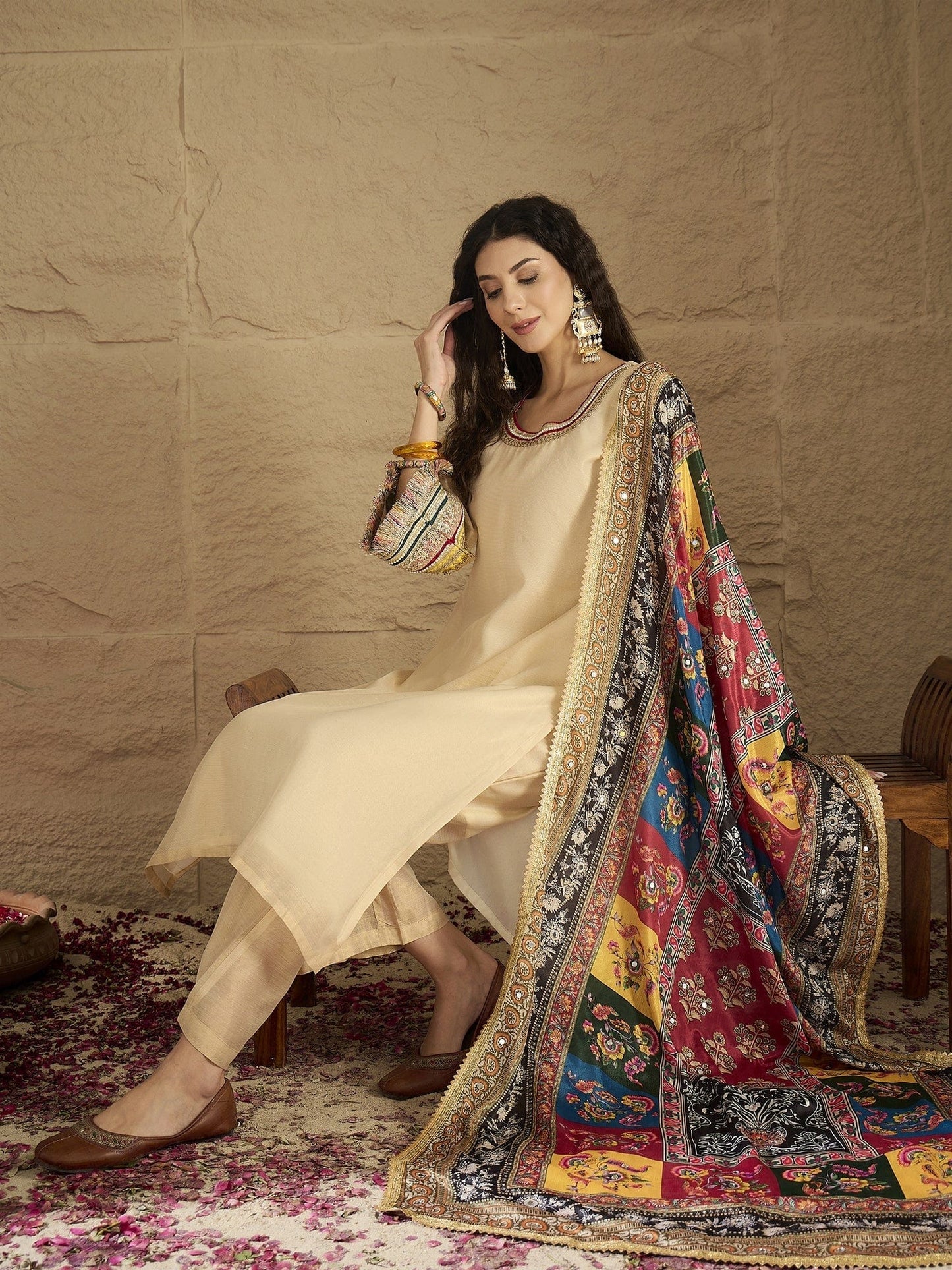 Women’s Elegant Beige Shimmer Kurta Set with Lace Details Patola Printed Dupatta and Solid Pants Comfortable for Festive Gatherings