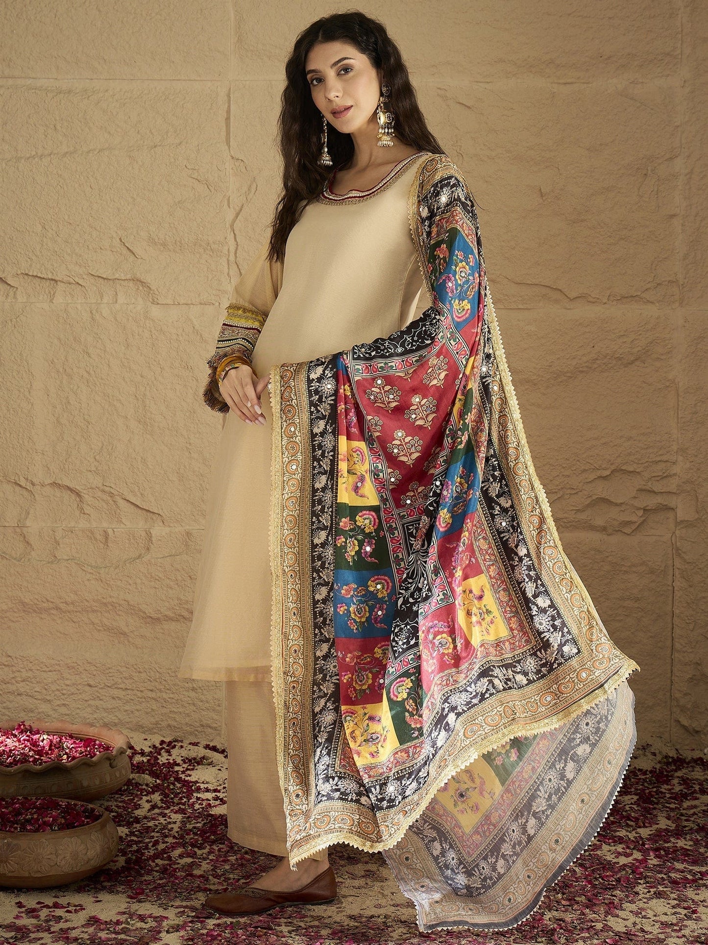 Women’s Elegant Beige Shimmer Kurta Set with Lace Details Patola Printed Dupatta and Solid Pants Comfortable for Festive Gatherings