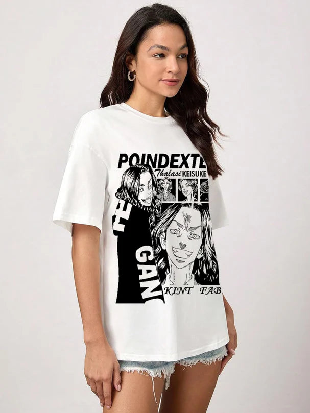 Fashionable Women’s Loose-Fit White T-Shirt with Anime Illustration