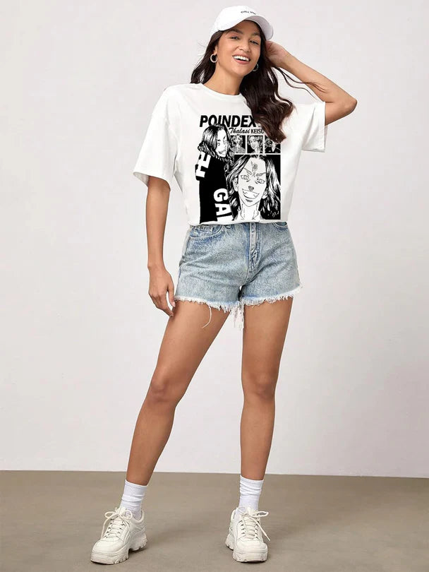 Fashionable Women’s Loose-Fit White T-Shirt with Anime Illustration