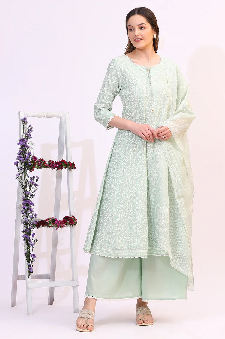 Designer-Inspired Spring Mint Green Floral Printed Flared Kurta and Dupatta Set Paired with Flared Pants