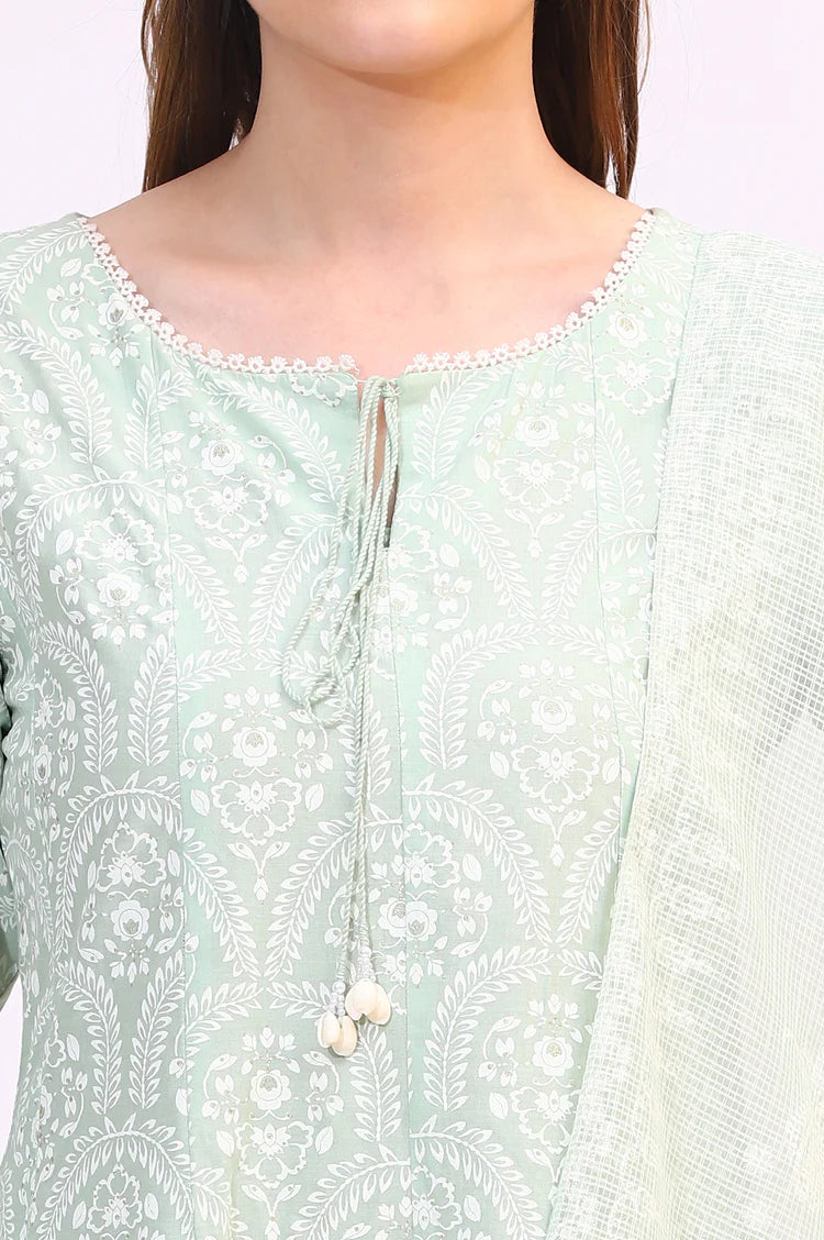 Designer-Inspired Spring Mint Green Floral Printed Flared Kurta and Dupatta Set Paired with Flared Pants