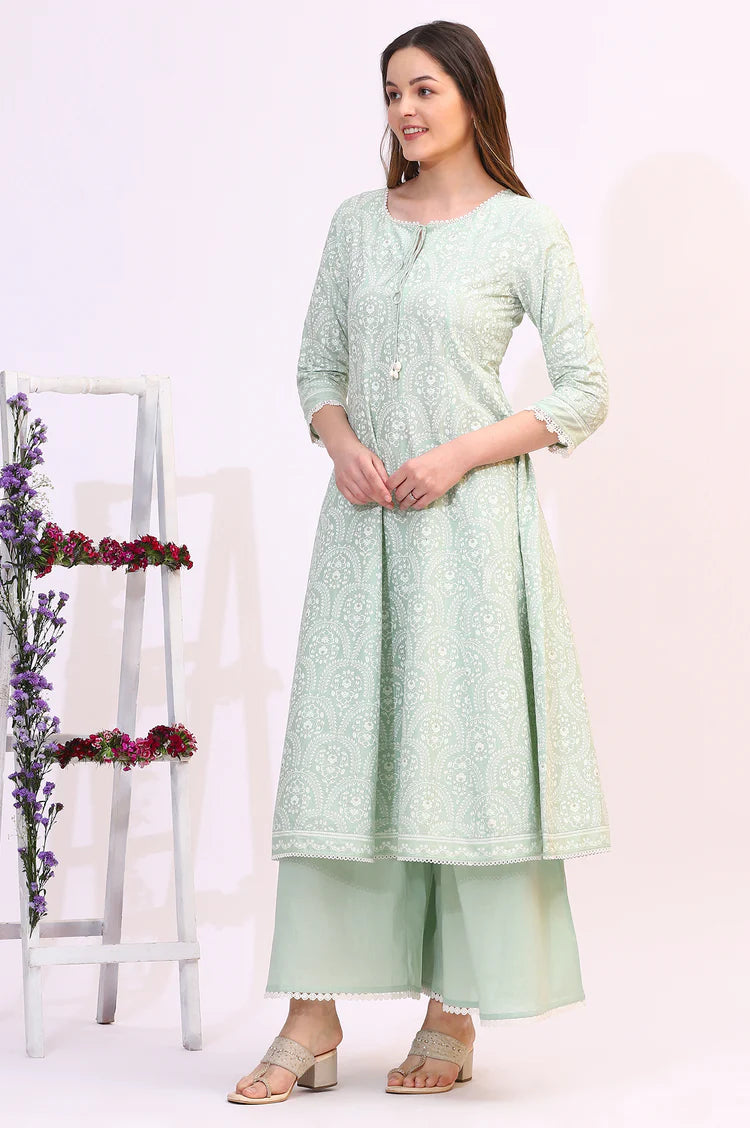 Designer-Inspired Spring Mint Green Floral Printed Flared Kurta and Dupatta Set Paired with Flared Pants