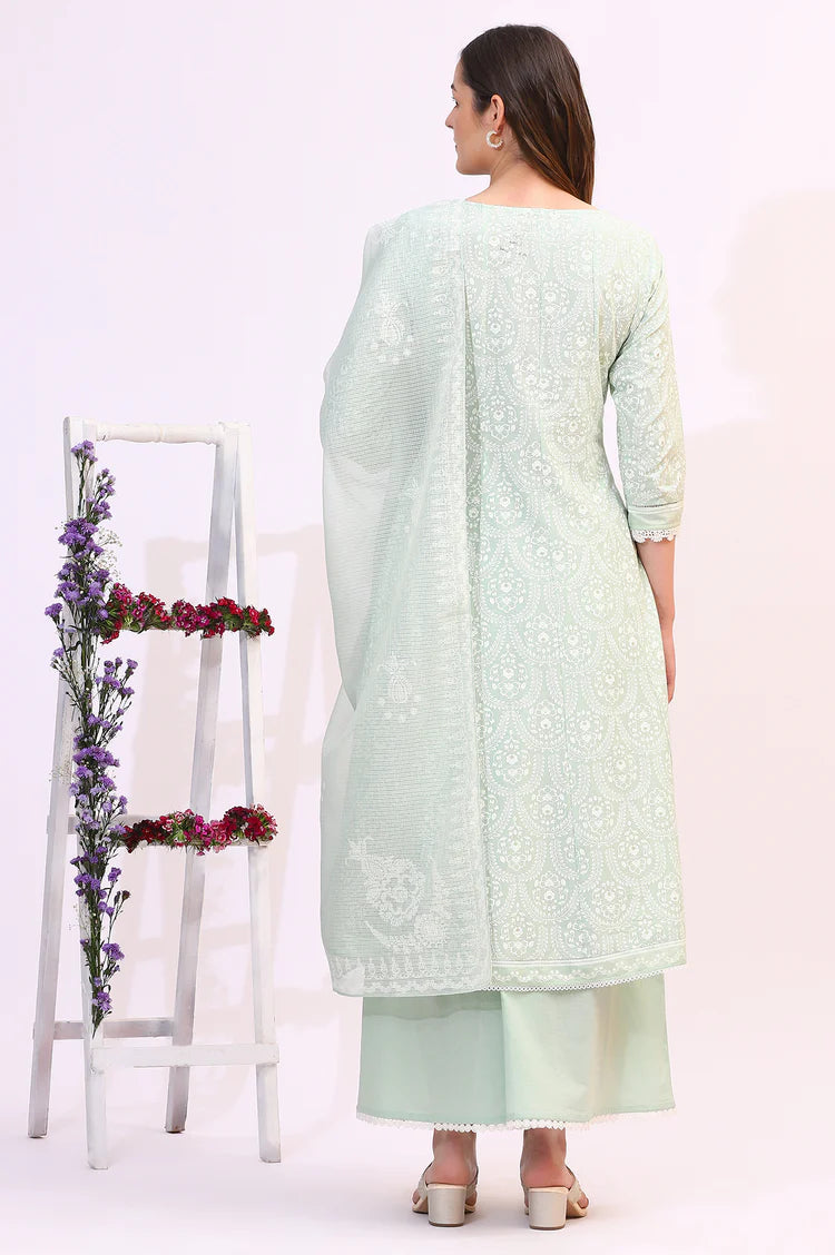 Designer-Inspired Spring Mint Green Floral Printed Flared Kurta and Dupatta Set Paired with Flared Pants