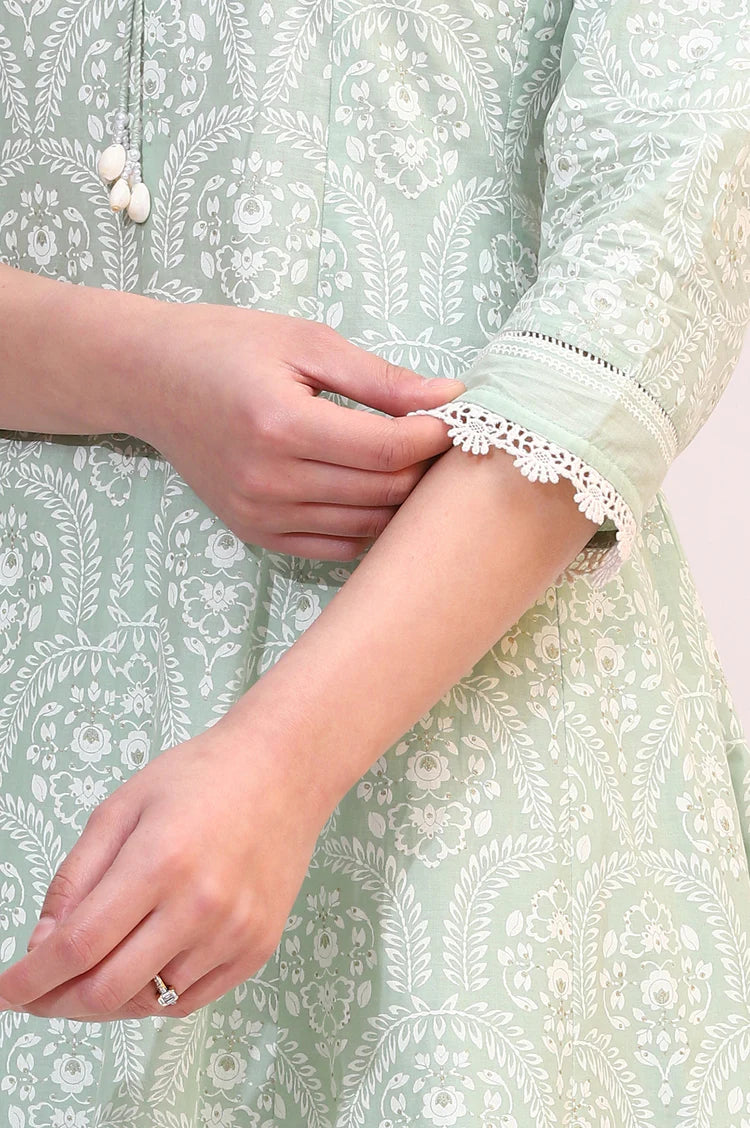 Designer-Inspired Spring Mint Green Floral Printed Flared Kurta and Dupatta Set Paired with Flared Pants