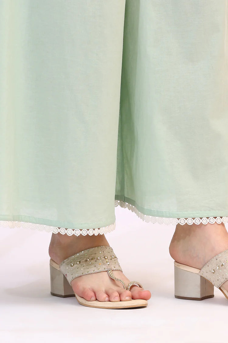 Designer-Inspired Spring Mint Green Floral Printed Flared Kurta and Dupatta Set Paired with Flared Pants