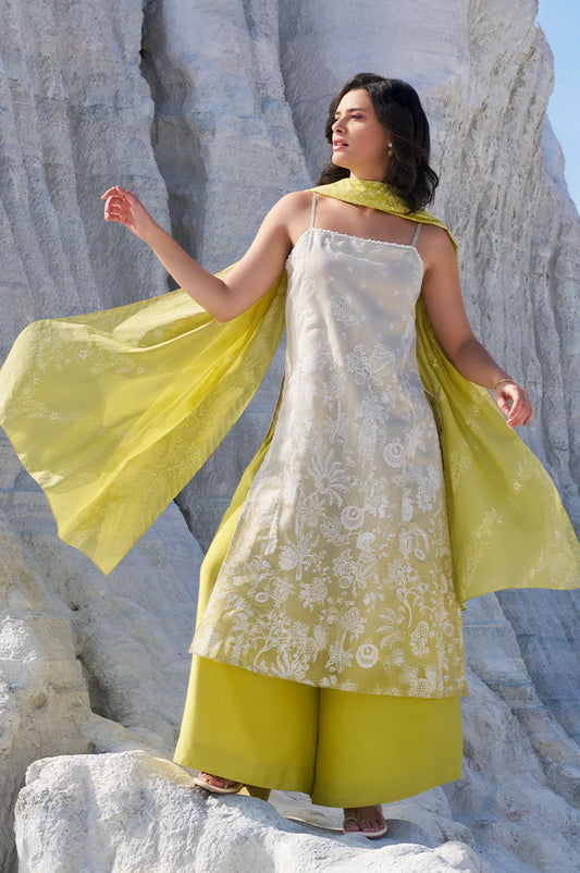 Elegant Green Floral Printed Chanderi Spaghetti Strap Straight Kurta with Pants and Dupatta Set for Festive Wear