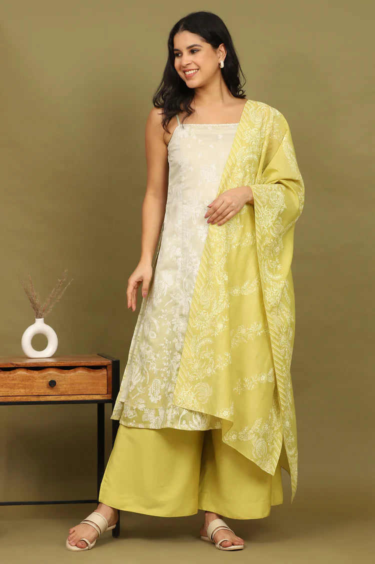 Elegant Green Floral Printed Chanderi Spaghetti Strap Straight Kurta with Pants and Dupatta Set for Festive Wear
