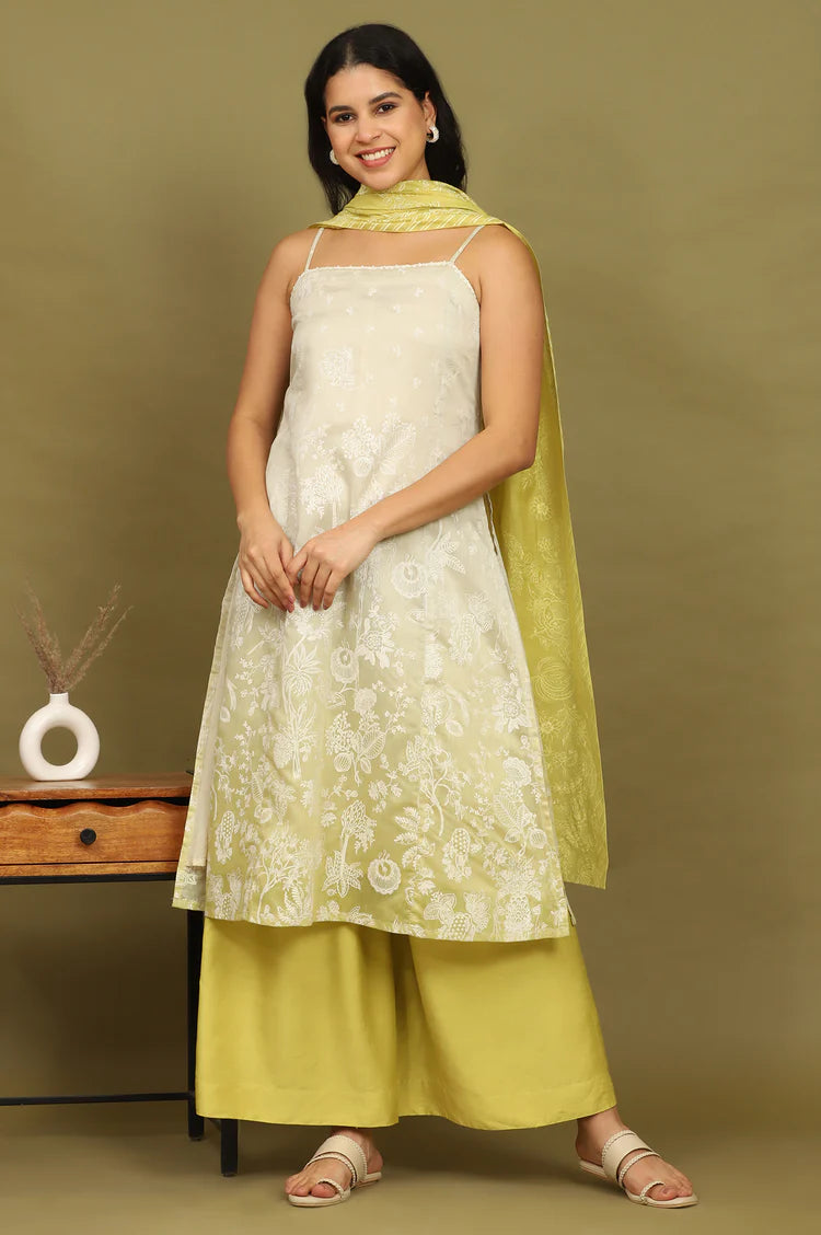 Elegant Green Floral Printed Chanderi Spaghetti Strap Straight Kurta with Pants and Dupatta Set for Festive Wear