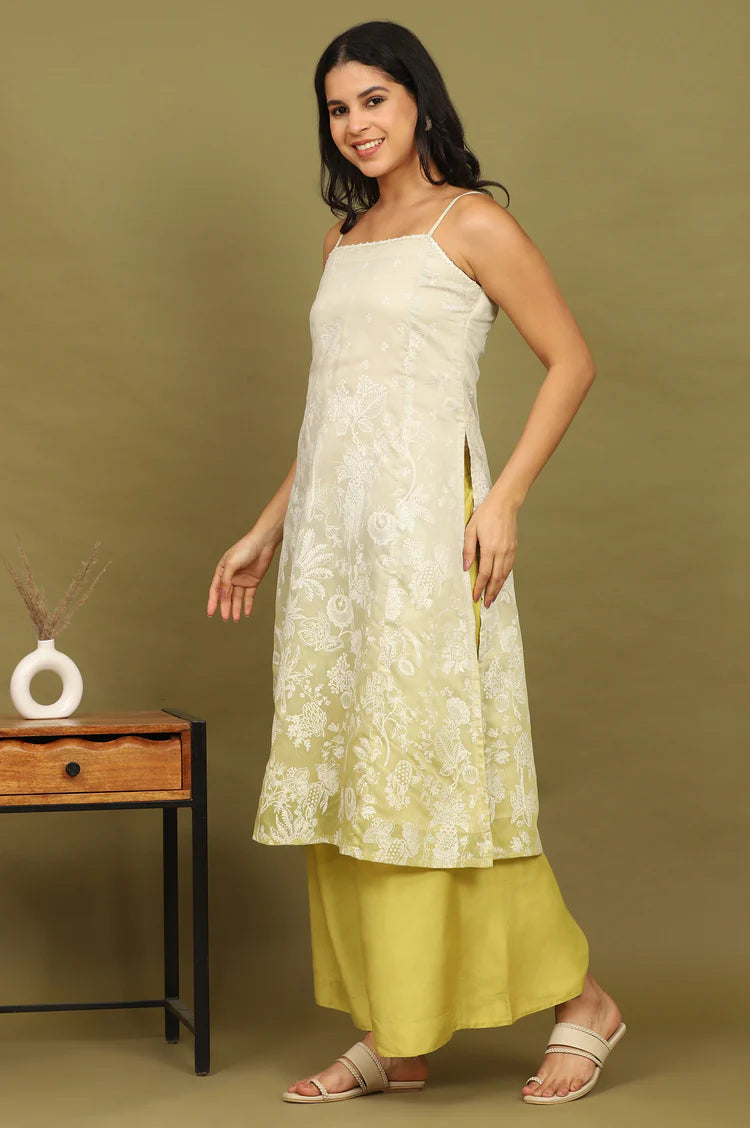 Elegant Green Floral Printed Chanderi Spaghetti Strap Straight Kurta with Pants and Dupatta Set for Festive Wear